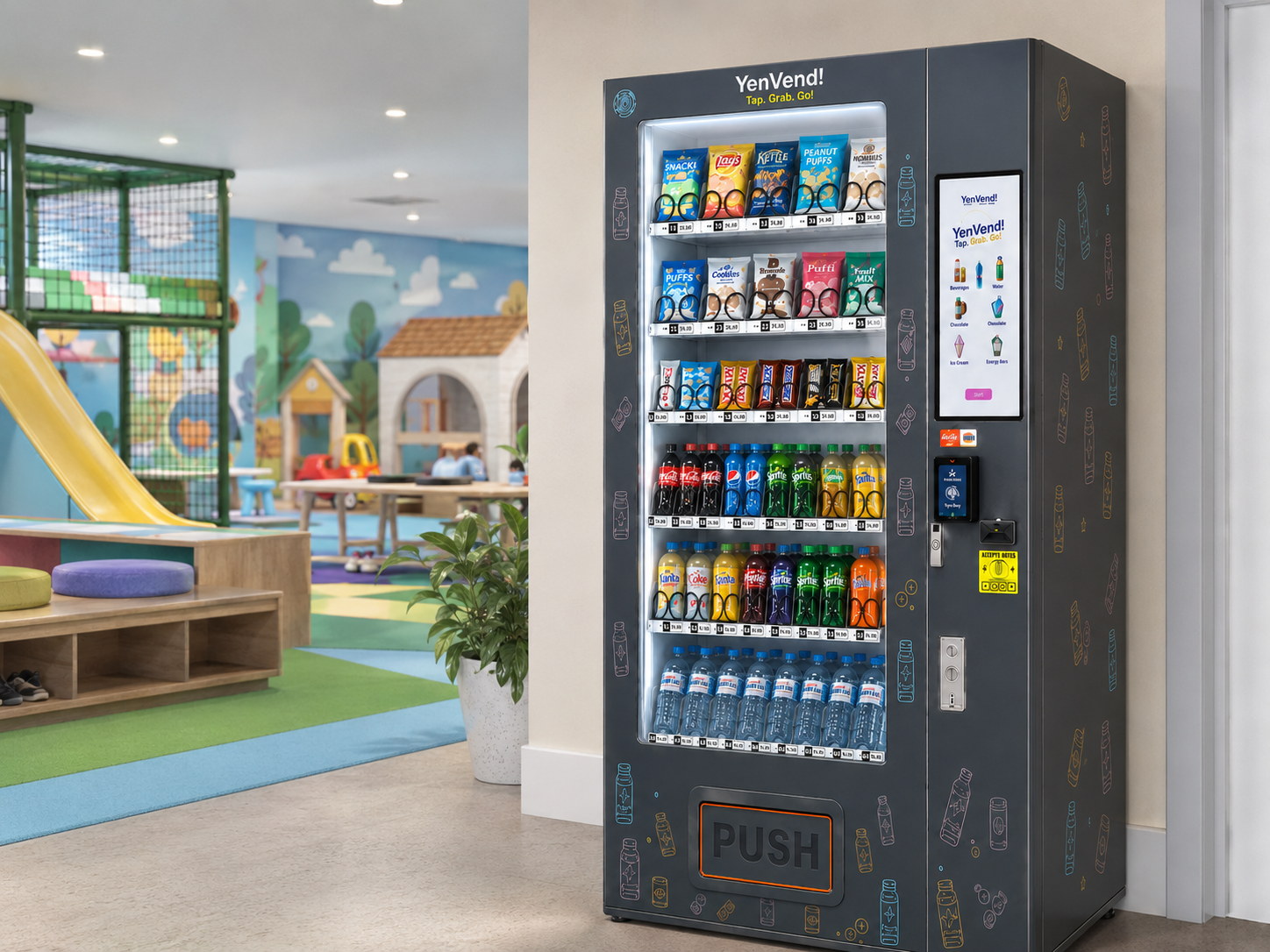 YenVend vending machine beside an indoor kids play area
