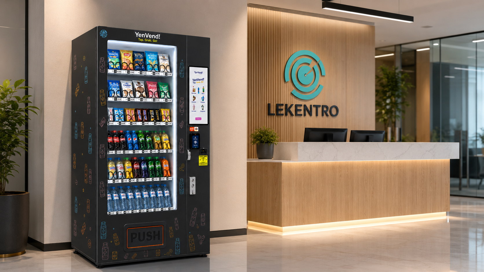 YenVend vending machine in a modern corporate reception lobby