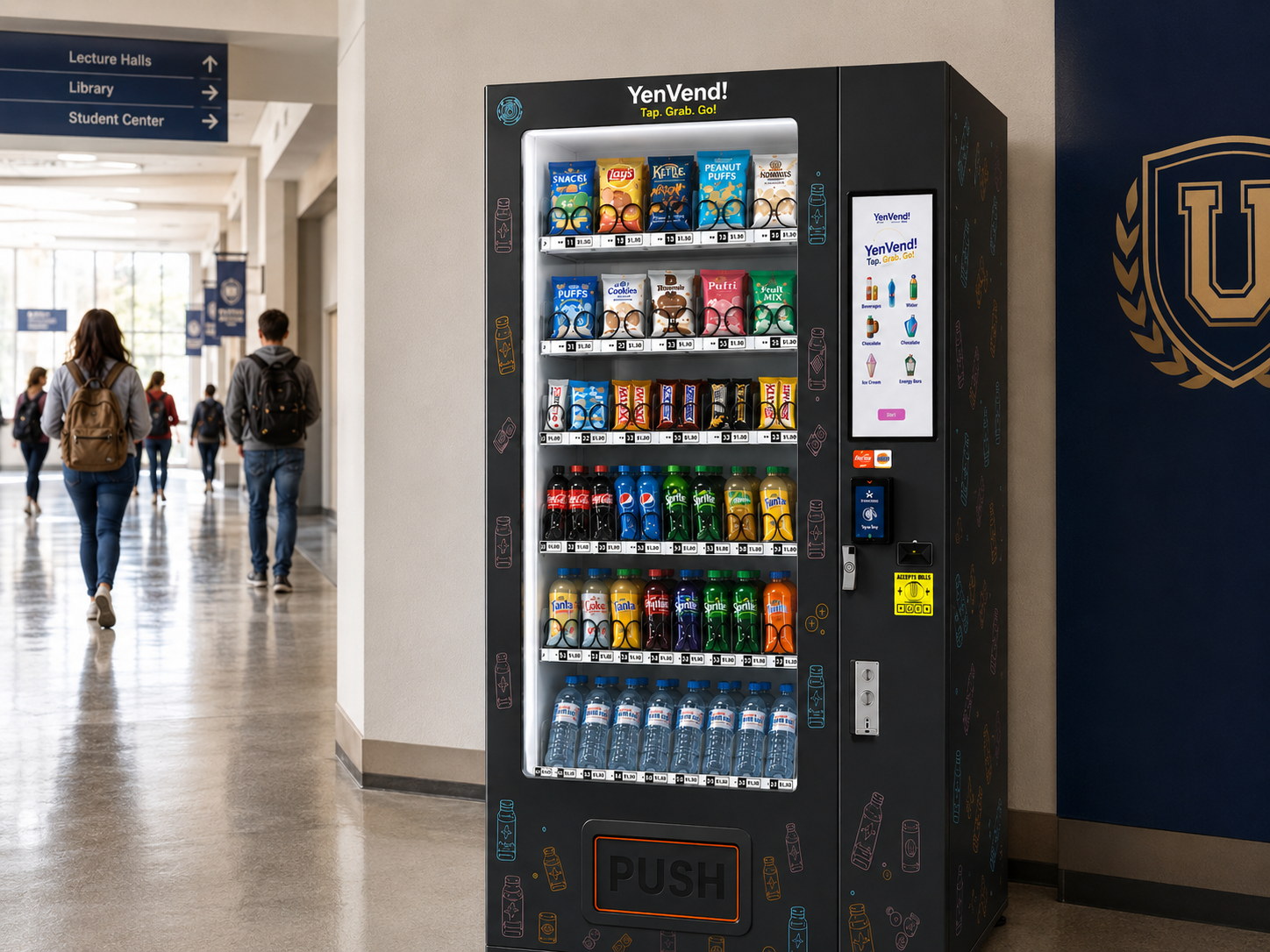 YenVend vending machine in a university hallway
